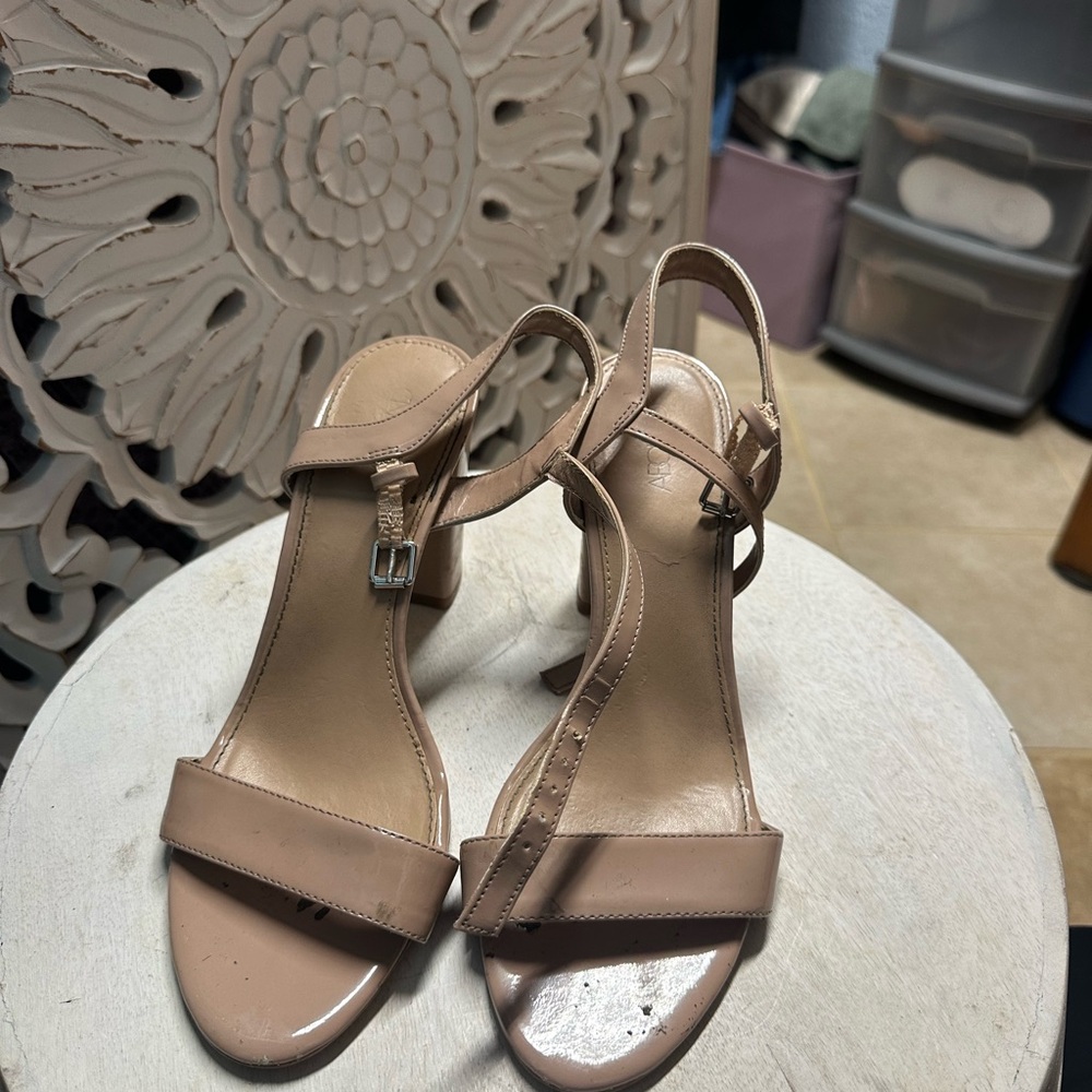 Tan Heels with Chunky Heel and Adjustable Ankle Strap